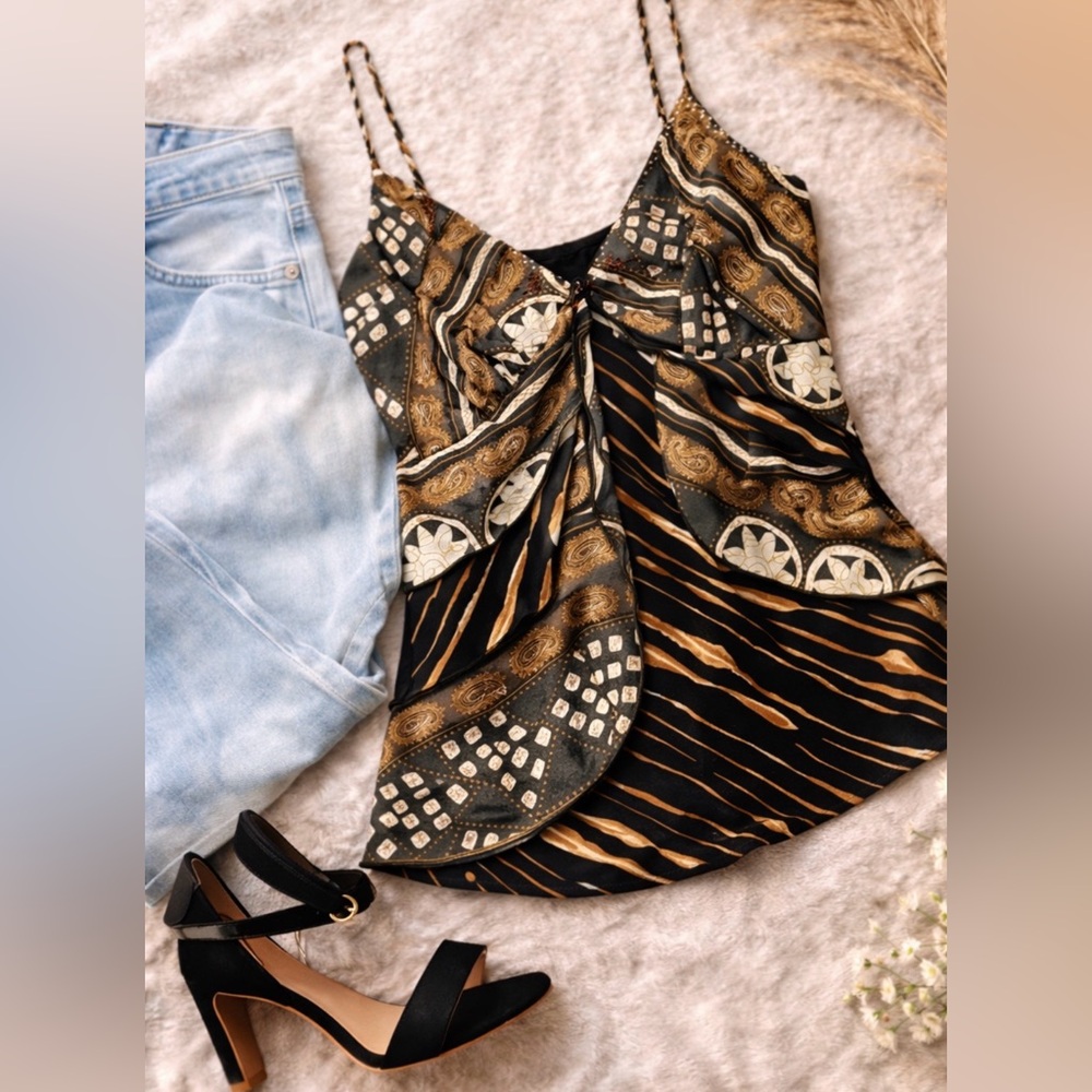 Special Dragon Boho Print Cami Draped Front Tank Black Brown Gold Top M